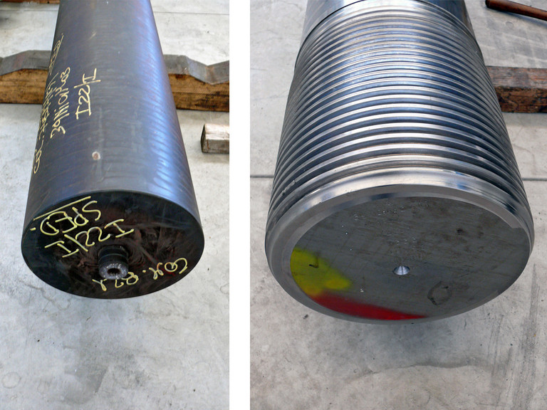 Crude steel part on the left and pressed thread for a hydraulic press as the final product, on the right.