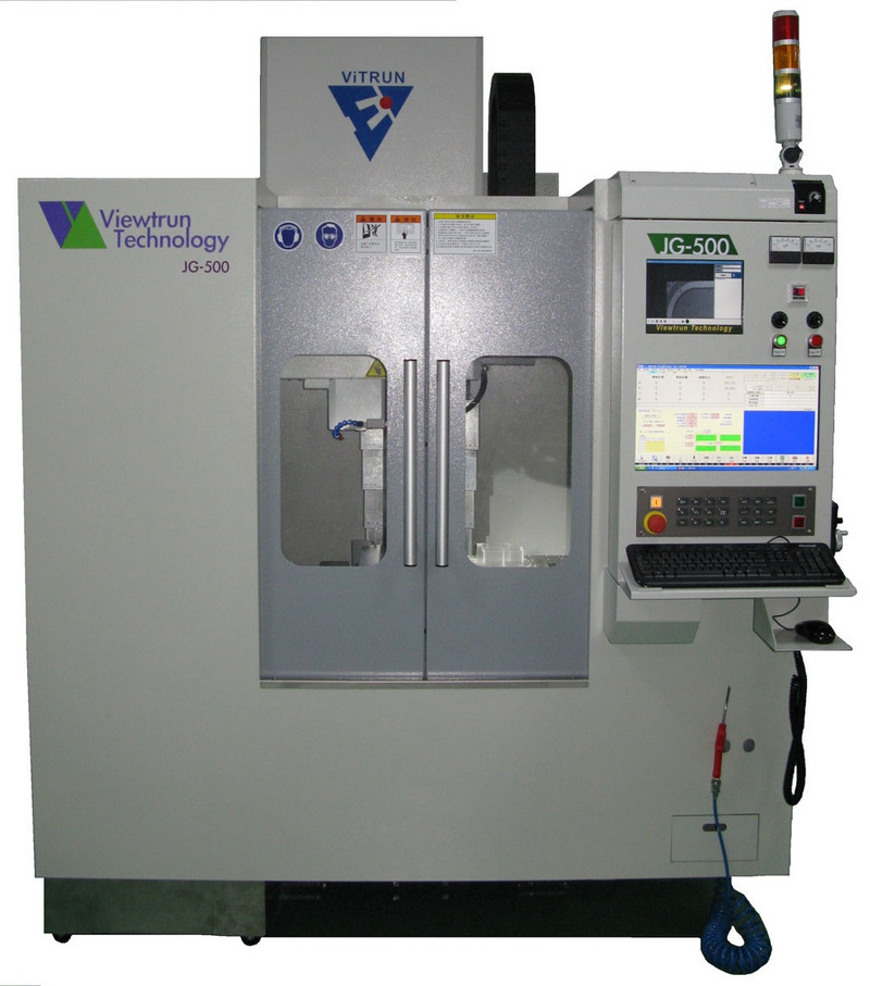 Viewtrun's JG-500 4-axis glass grinding machine uses a customized HMI and control system developed by NUM Taiwan.
