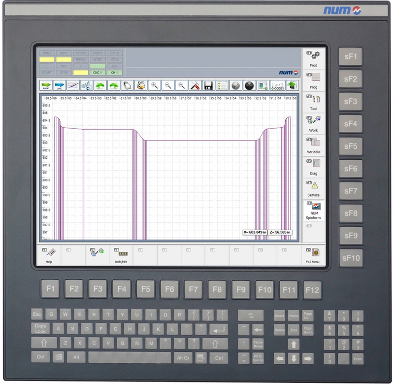 The machine retrofit includes a NUM FS151 operator's panel, which clearly displays the profile of the wheel that is being formed.