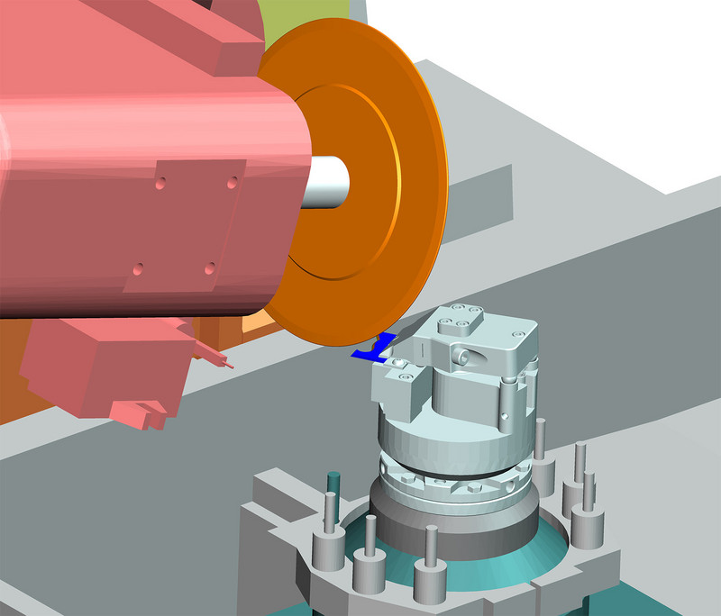 NUMROTO tool grinding software now allows use of a production clamping system for profile inserts in the 3-D simulator (image courtesy of Michael Deckel GmbH).