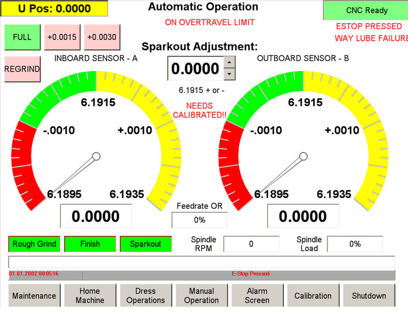 During grinding, the main control screen displays two large analog-style dials which allow the operator to monitor the tolerance of axle taper very easily and accurately.